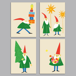 24 Retro Christmas Elf Greeting Cards in 4 Funny Cartoon Illustrations + Envelopes