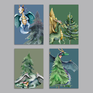 24 Whimsical Dragon Christmas Tree Cards + Envelopes