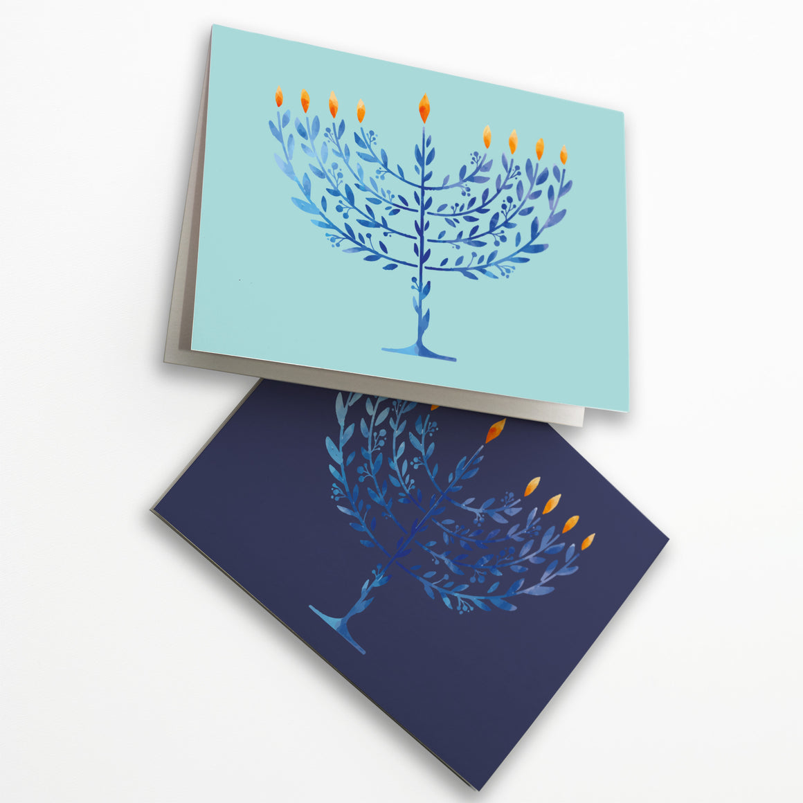 24 Beautiful Organic Menorah Happy Hanukkah Cards in 2 Blue Styles + Envelopes