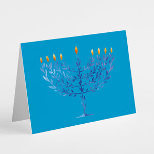 24 Beautiful Organic Menorah Happy Hanukkah Cards in 2 Blue Styles + Envelopes